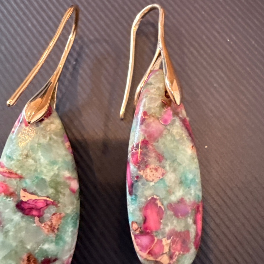 Dangle Earrings Marble-Effect Stone,Gold/Silver Hook - Picture 4 of 6